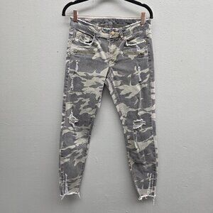 Zara Basic Z1975 Denim Jeans Womens 6 Gray Camo Distressed Skinny Frayed Hem